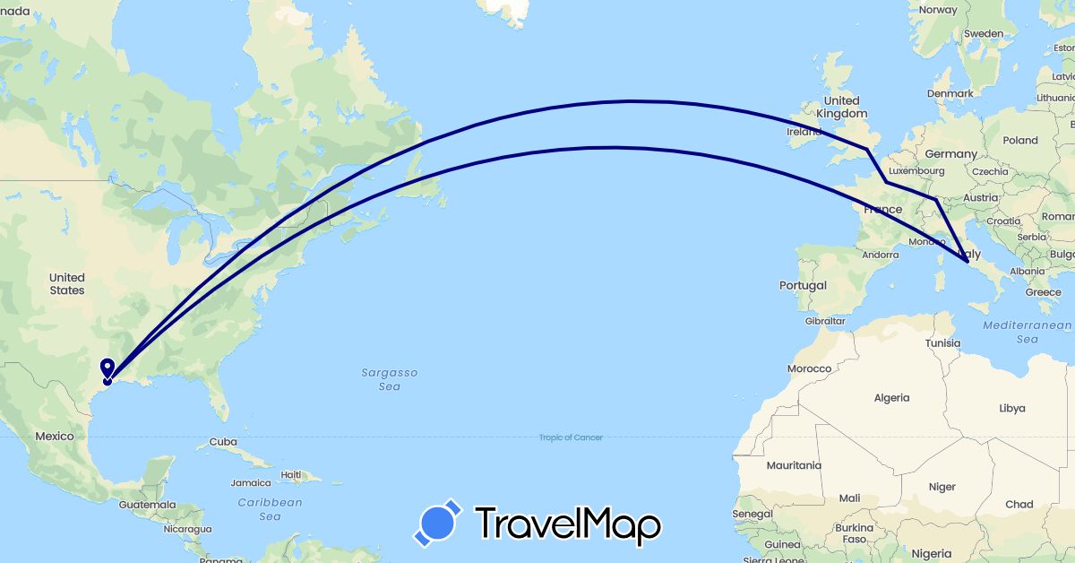 TravelMap itinerary: driving in Switzerland, France, United Kingdom, Italy, United States (Europe, North America)